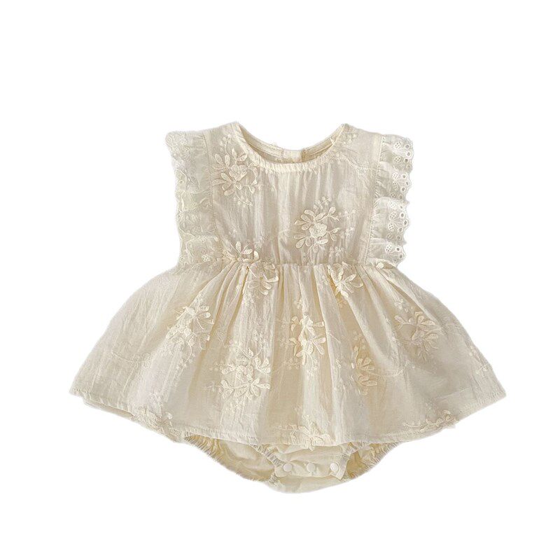 婴儿夏季新款女宝刺绣花边飞袖A公主哈裙婴幼儿百日宴周岁服包屁