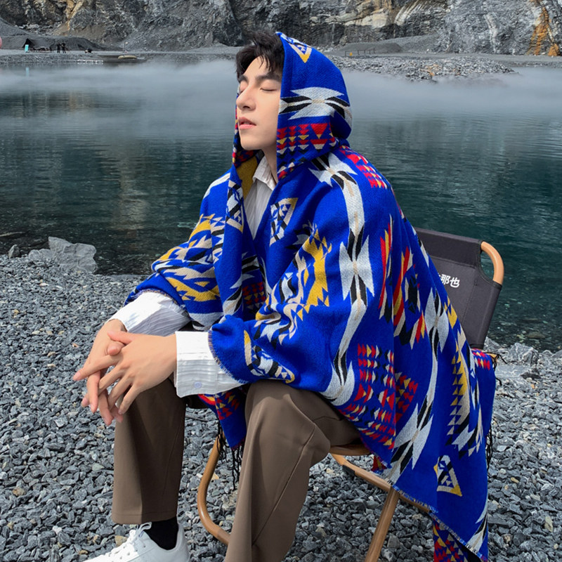 民族风大披肩男宝蓝色外搭披风斗篷带帽围巾云Q南丽江新疆旅游拍