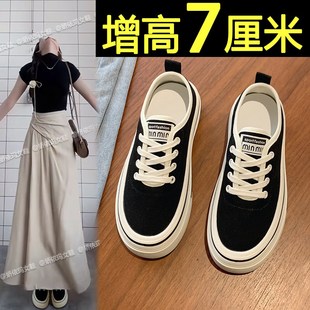 厚底帆布鞋女2024新款夏薄款内增高黑色K休闲板鞋轻便透气软底布