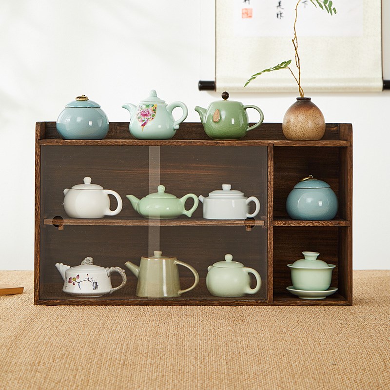 烧桐木茶具收纳柜防o尘移门茶杯架紫砂壶收纳盒咖啡杯展示柜置物