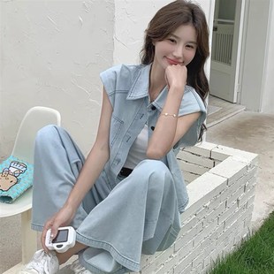 时尚小个子休闲马甲阔腿裤两u件套港风无袖牛仔套装女2025夏装新