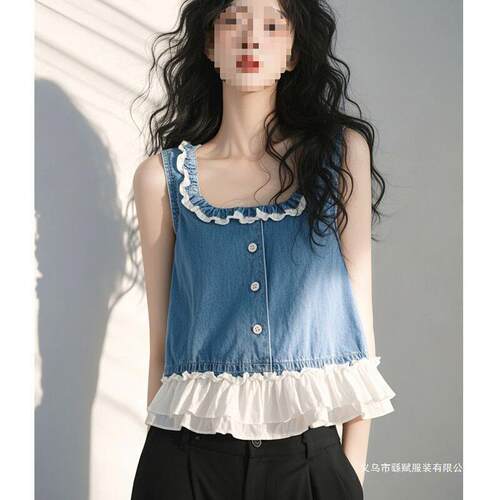夏季龄洋气感漂亮超好看蓝色牛仔拼接背心上衣女装