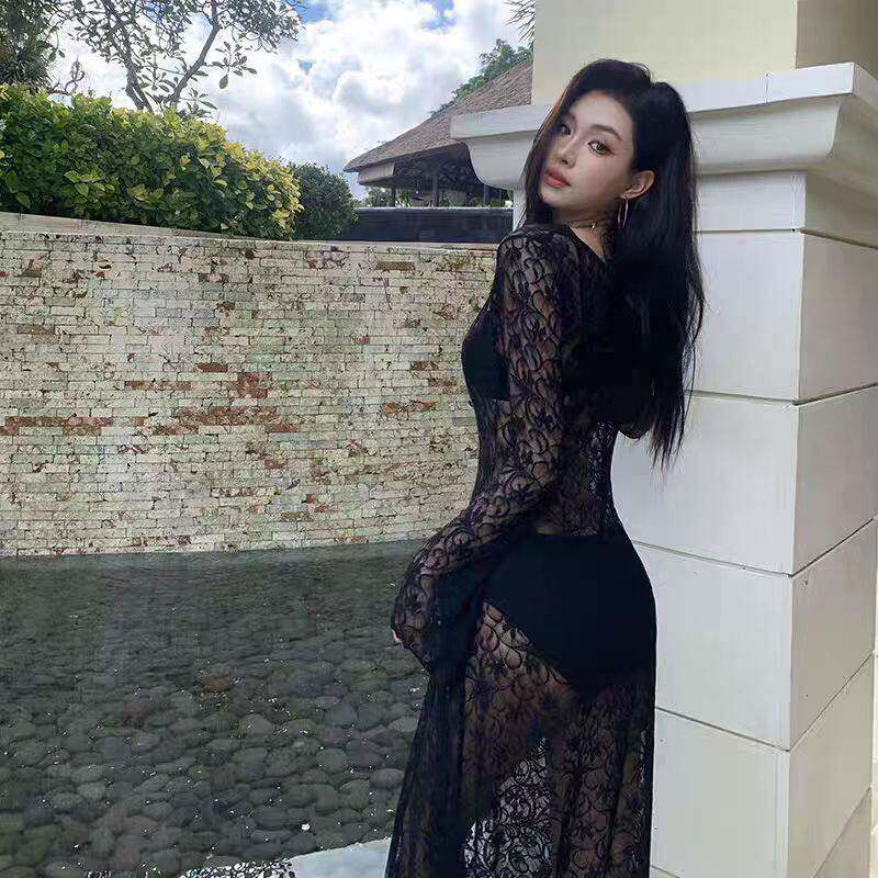 泳衣女款分体比基尼三件套长袖长裙钢托性感纯欲绝美海边度假泳装