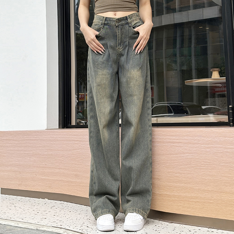怀旧复古美式阔腿牛仔裤女宽松高腰春秋2025新款垂感直筒拖地裤子