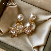 爆款 双珠珍珠耳钉后挂式 闪锆雪花前后两戴耳环2025新款 高级感耳饰