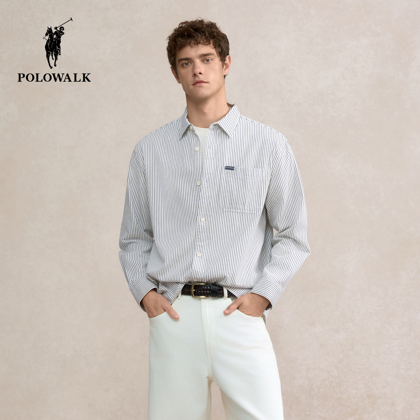 POLOWALK男装长袖衬衫蓝条纹衬衣