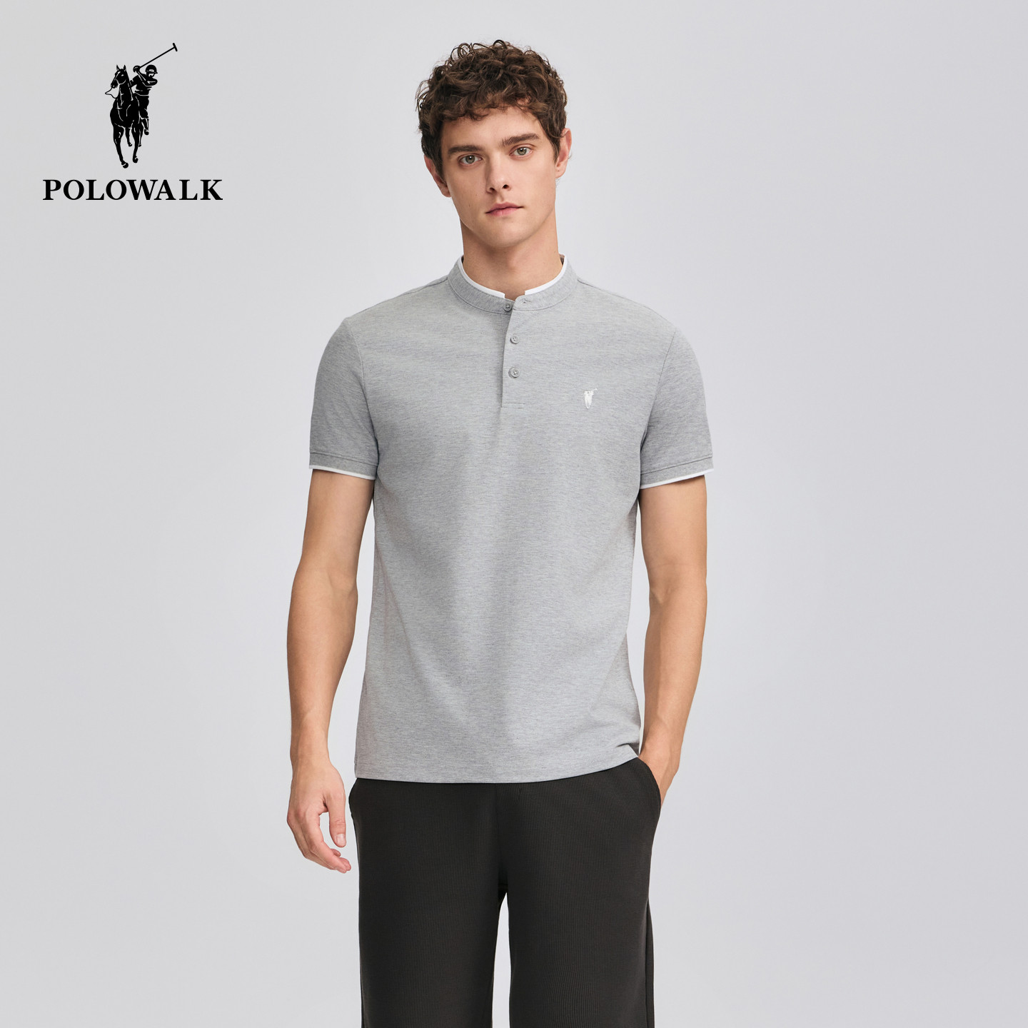 POLOWALK男式短袖圆领T恤25夏季新品保罗假两件亨利领罗纹打底衫