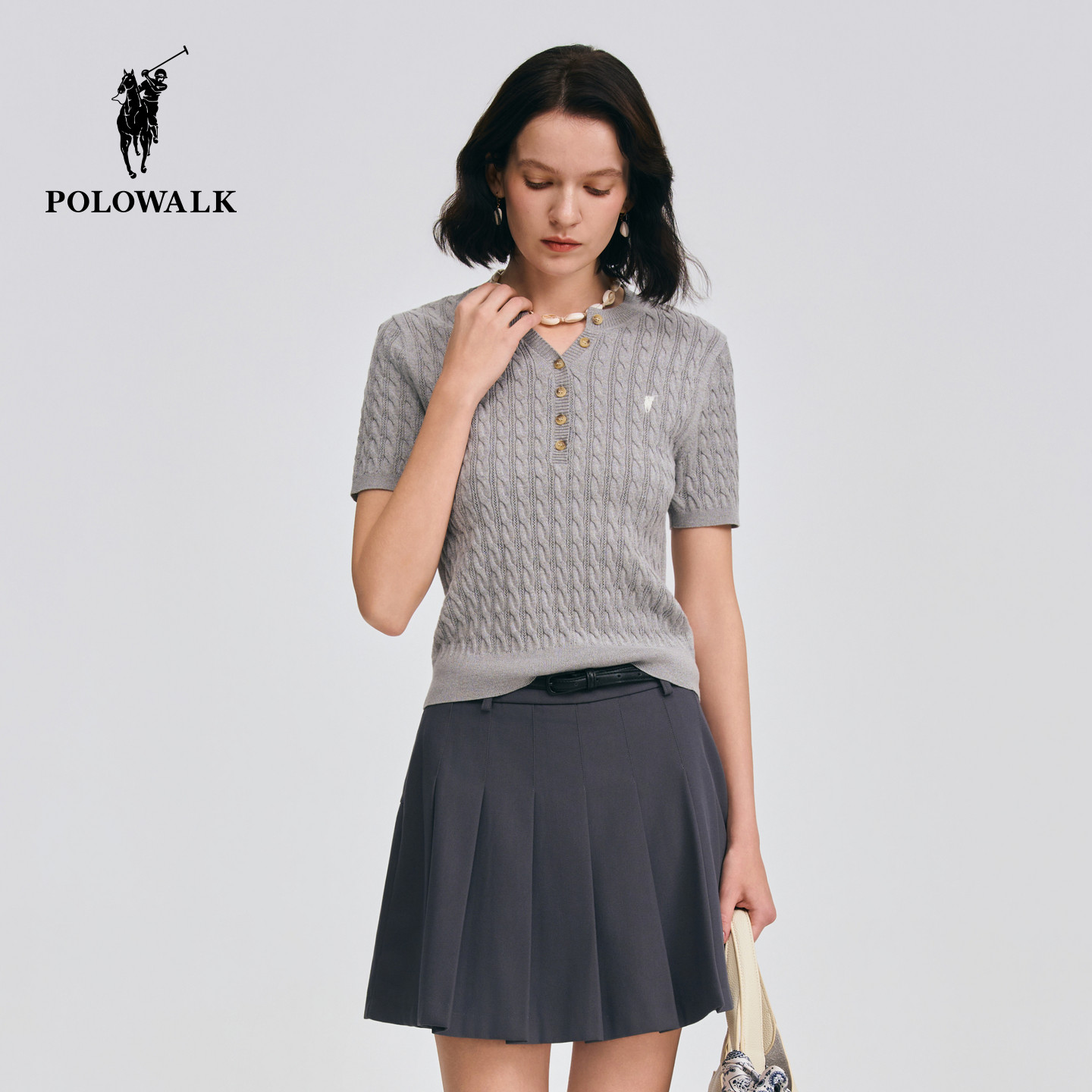 POLOWALK女式短袖针织衫2026春季新品圆v领绞花肌理感套头上衣