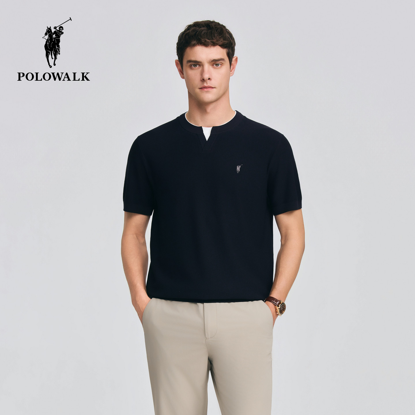 POLOWALK男式短袖针织衫2026春季新品双层领假两件短袖套头针织衫