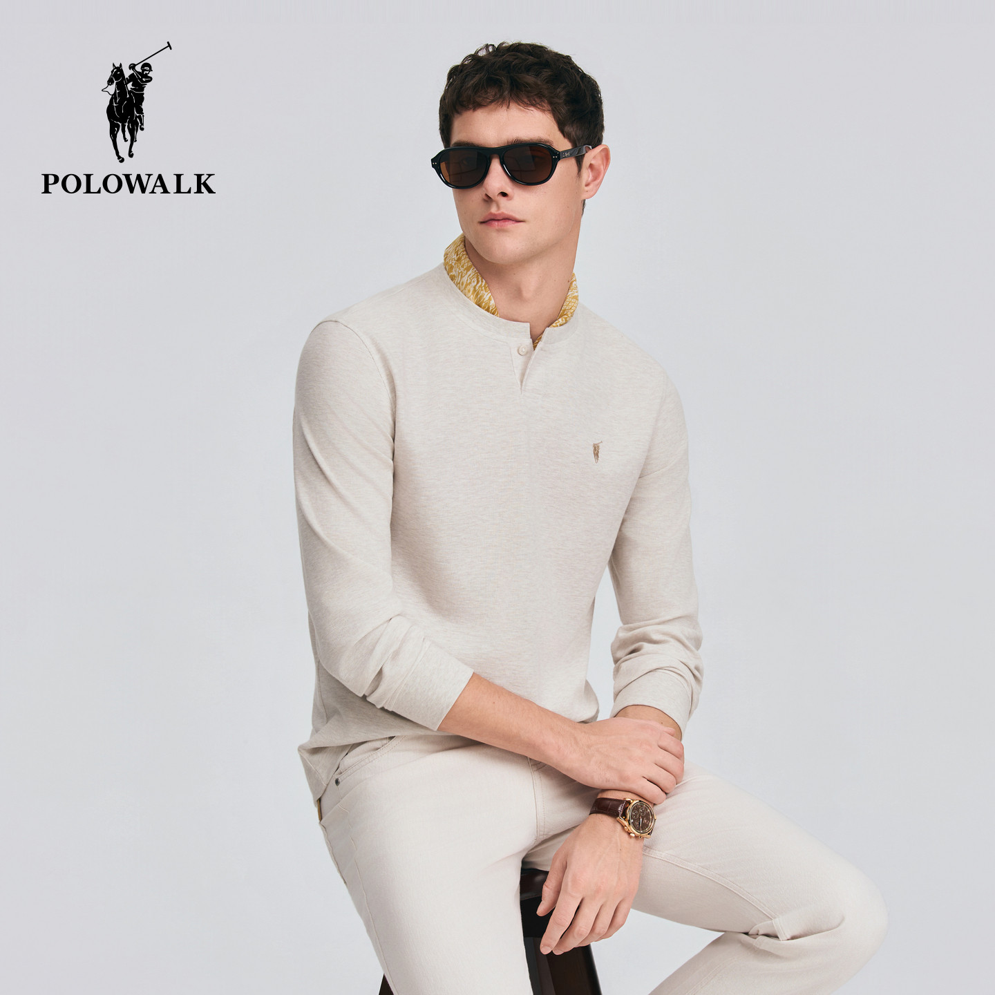 POLOWALK男式长袖T恤2026春季新品亨利领简约百搭套头上