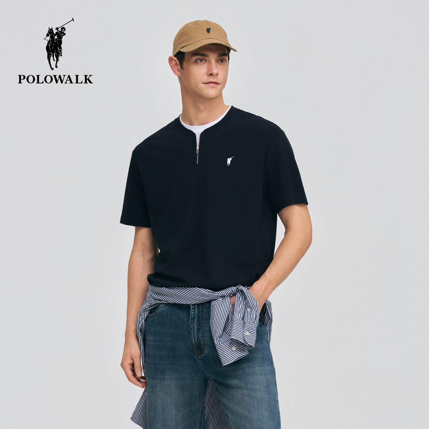 POLOWALK男式短袖圆领T恤2026夏季新品简约百搭时尚假两件商务T恤