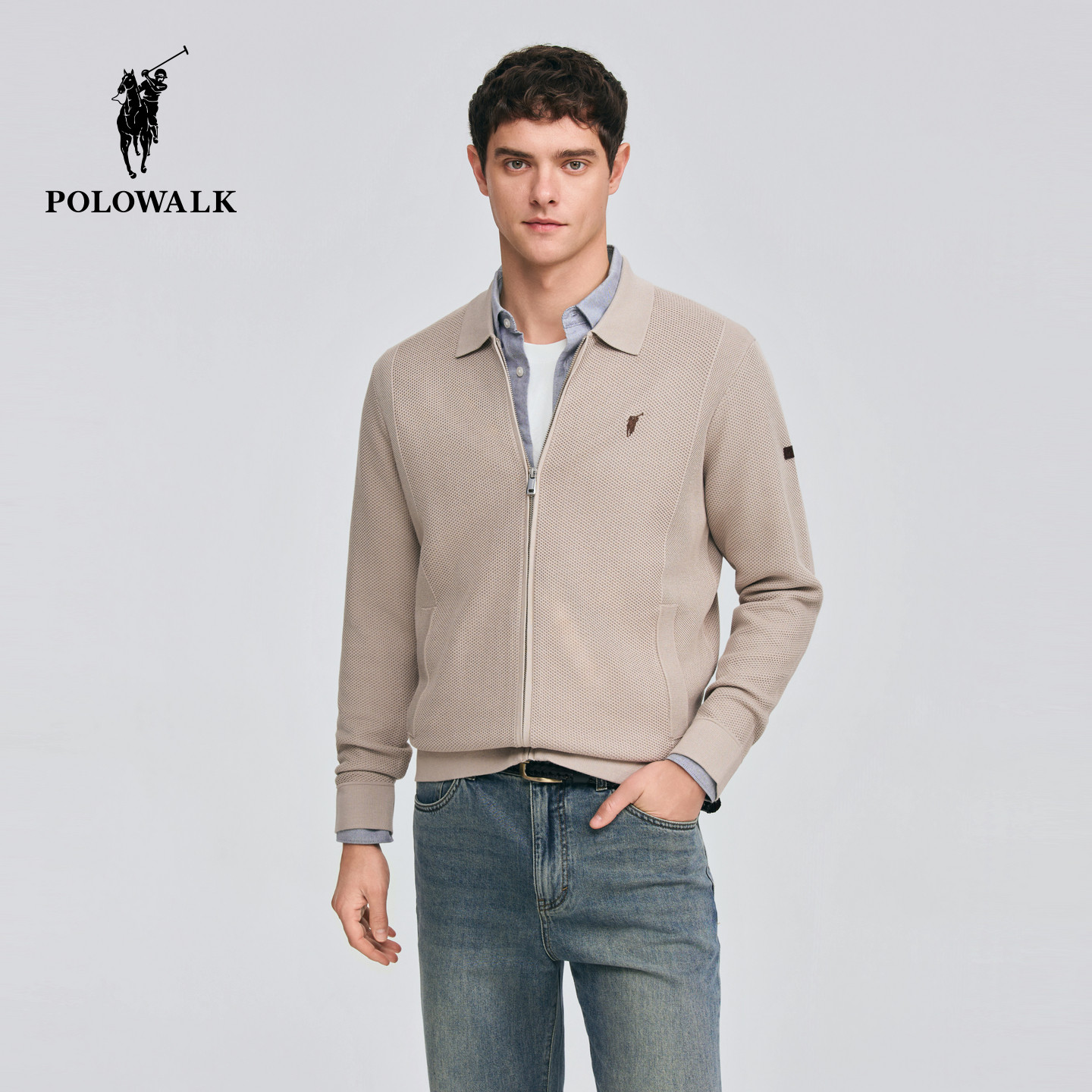 POLOWALK男式针织衫2026春季新品翻领拼接简约休闲拉链针织开衫