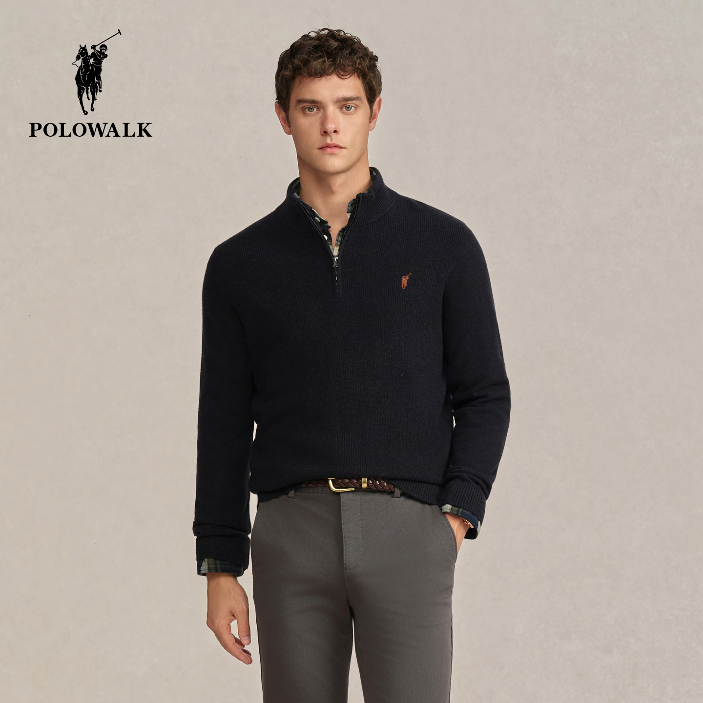 【100%绵羊毛】POLOWALK男装立领羊毛衫2025秋冬半高
