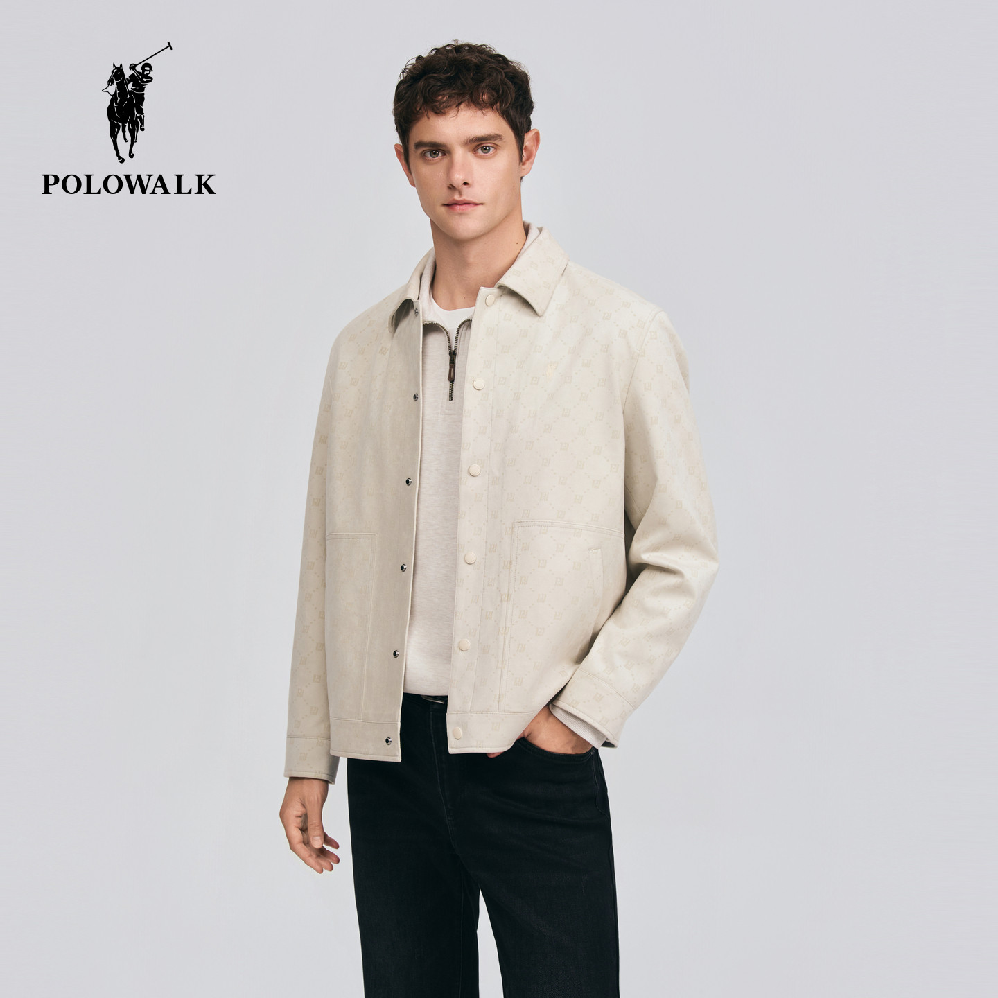 POLOWALK男式皮衣2026春季新品休闲风设计感印花翻领挺括