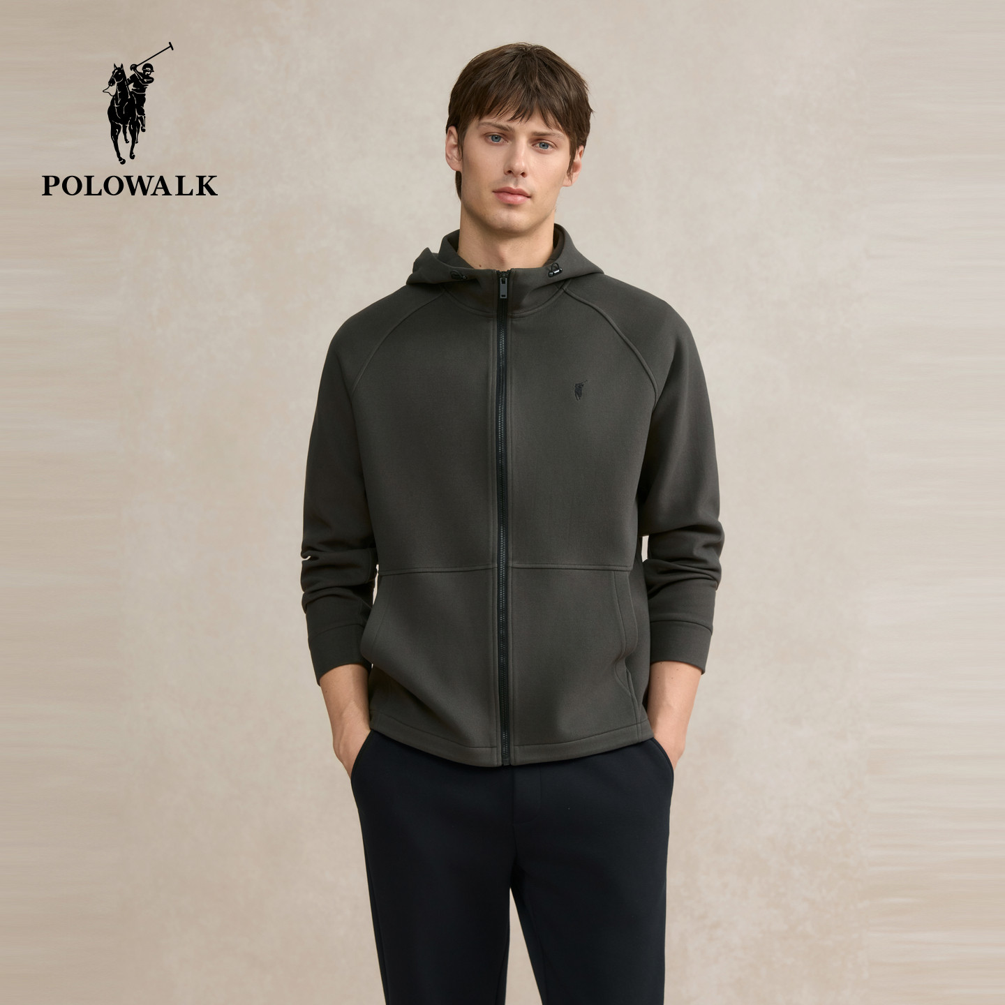 POLOWALK男装卫衣2025秋季新品商务立领通勤休闲男式开衫连帽外套