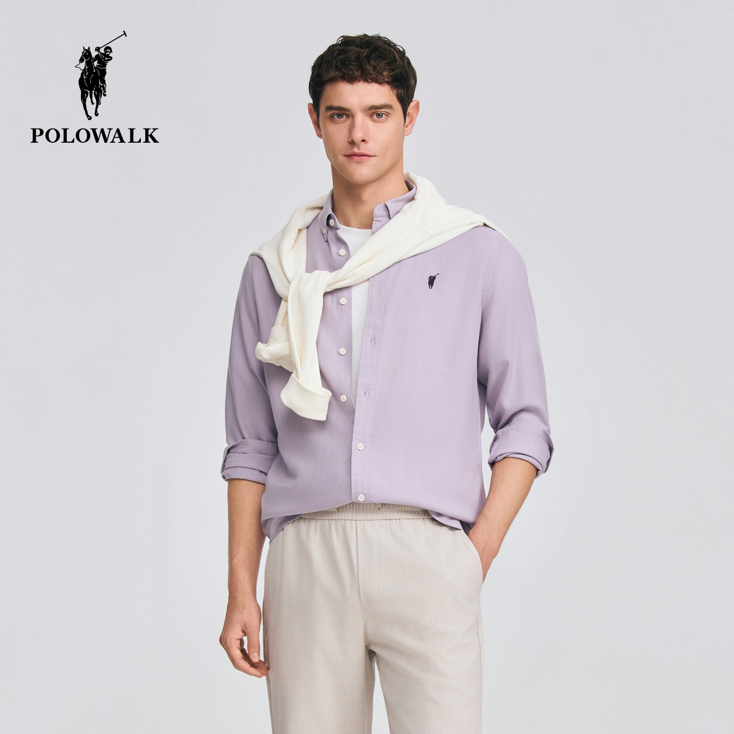 POLOWALK男式长袖衬衫2026春季新品亚麻混纺简约纽扣领长