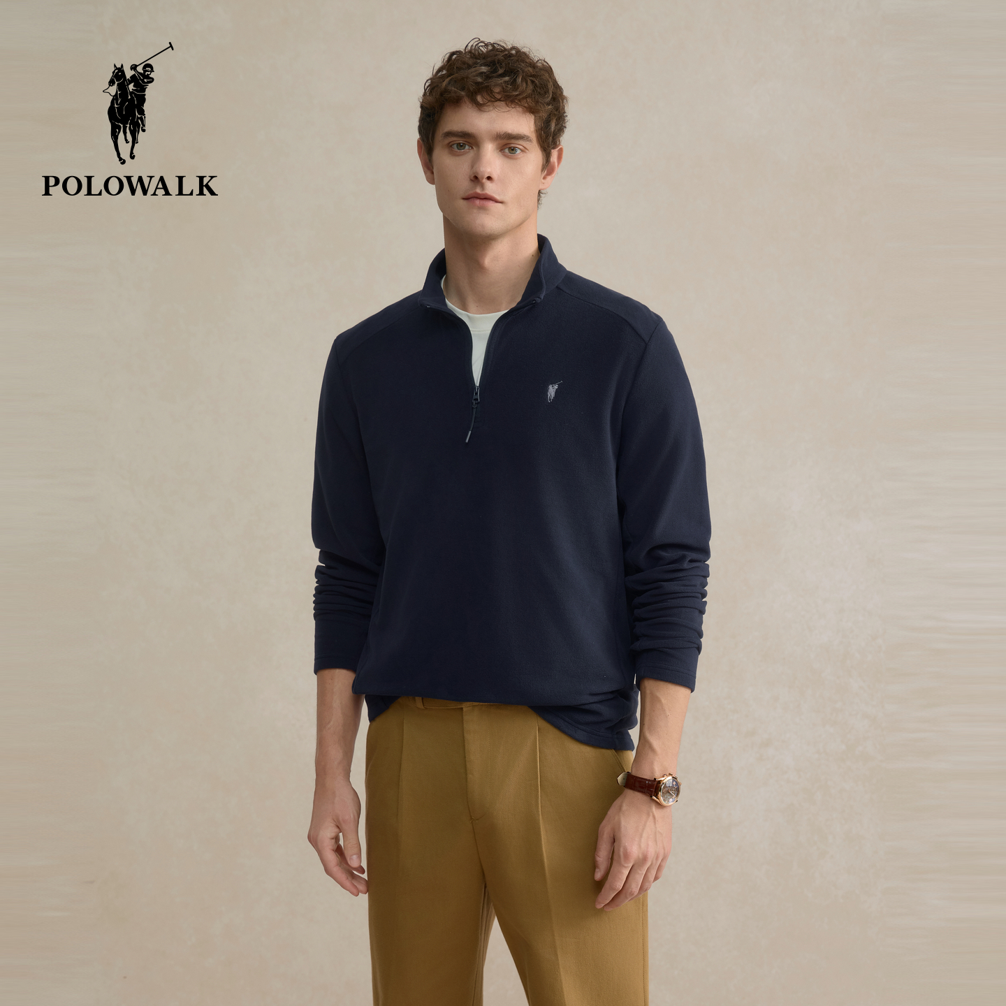 POLOWALK男式长袖摇粒绒T恤2025秋季新品立领套头保罗上衣外套