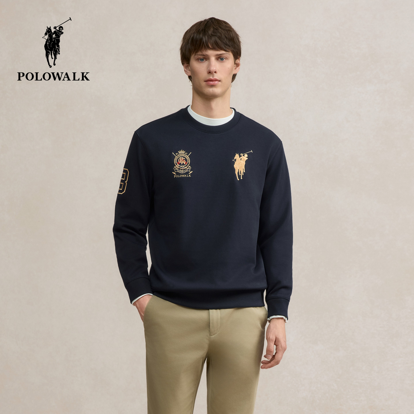 POLOWALK男式卫衣2025冬季新品时尚刺绣美式休闲加绒圆领