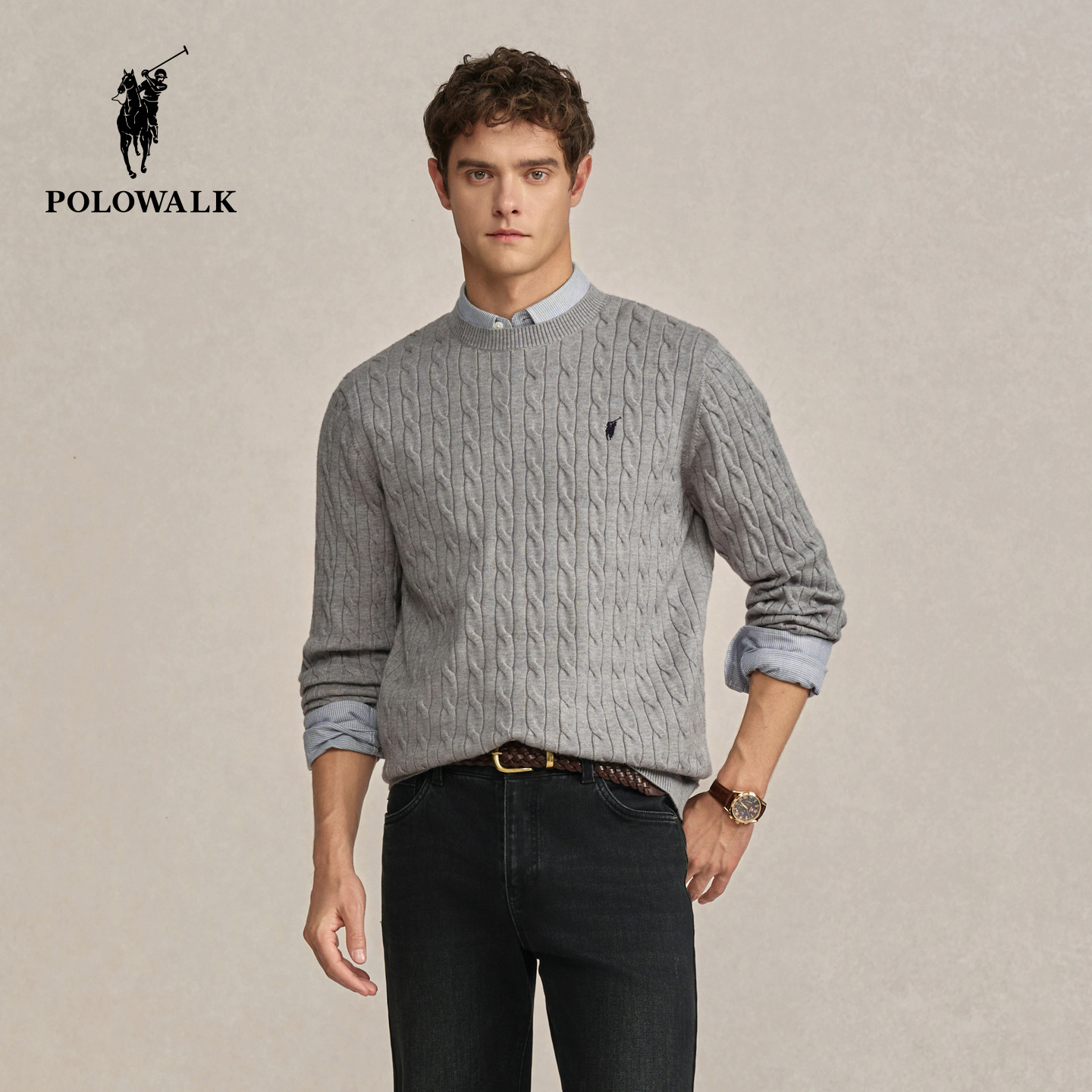 POLOWALK男式针织衫2025秋冬新品内搭绞花圆领包芯纱套头
