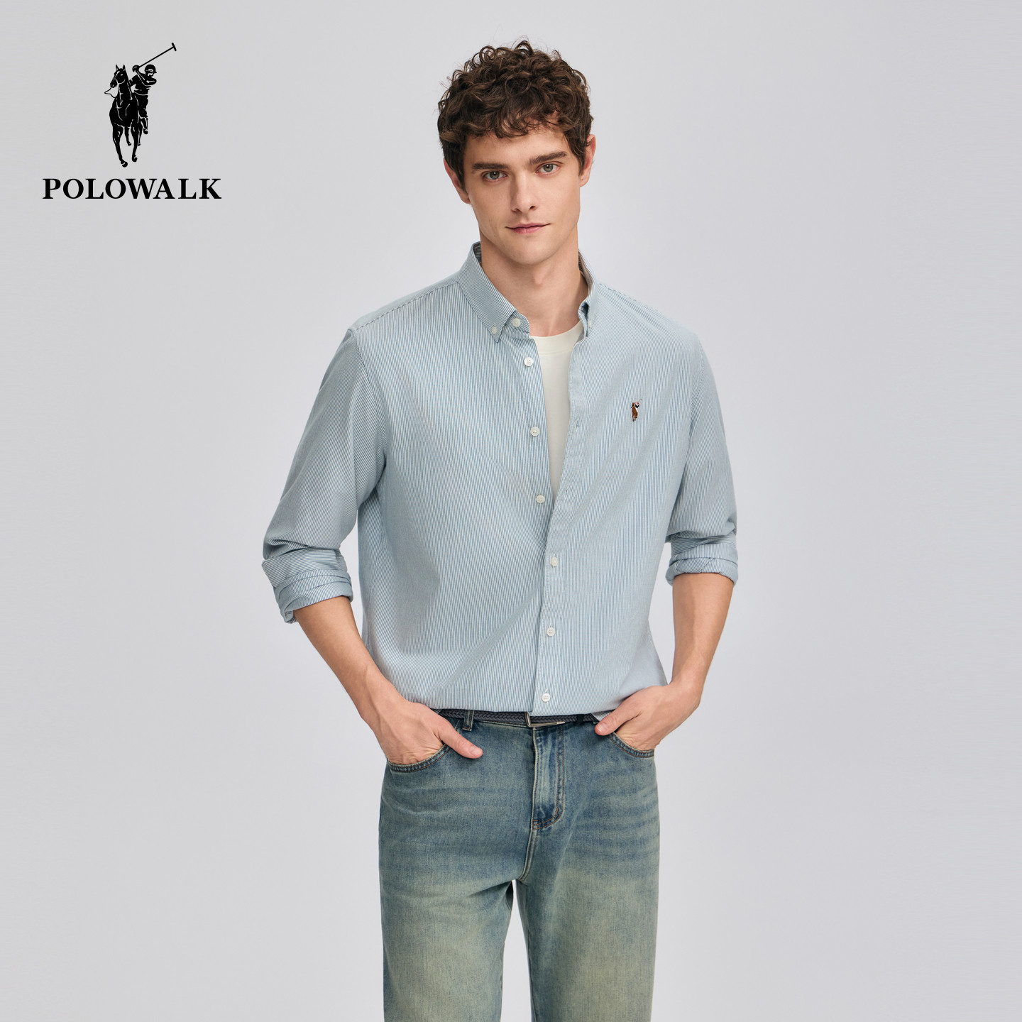 POLOWALK男式长袖衬衫2025秋季新品条纹保罗开衫上衣休闲衬衣