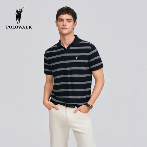 [特惠]【100%棉】POLOWALK男士短袖POLO衫商务条纹翻领T恤