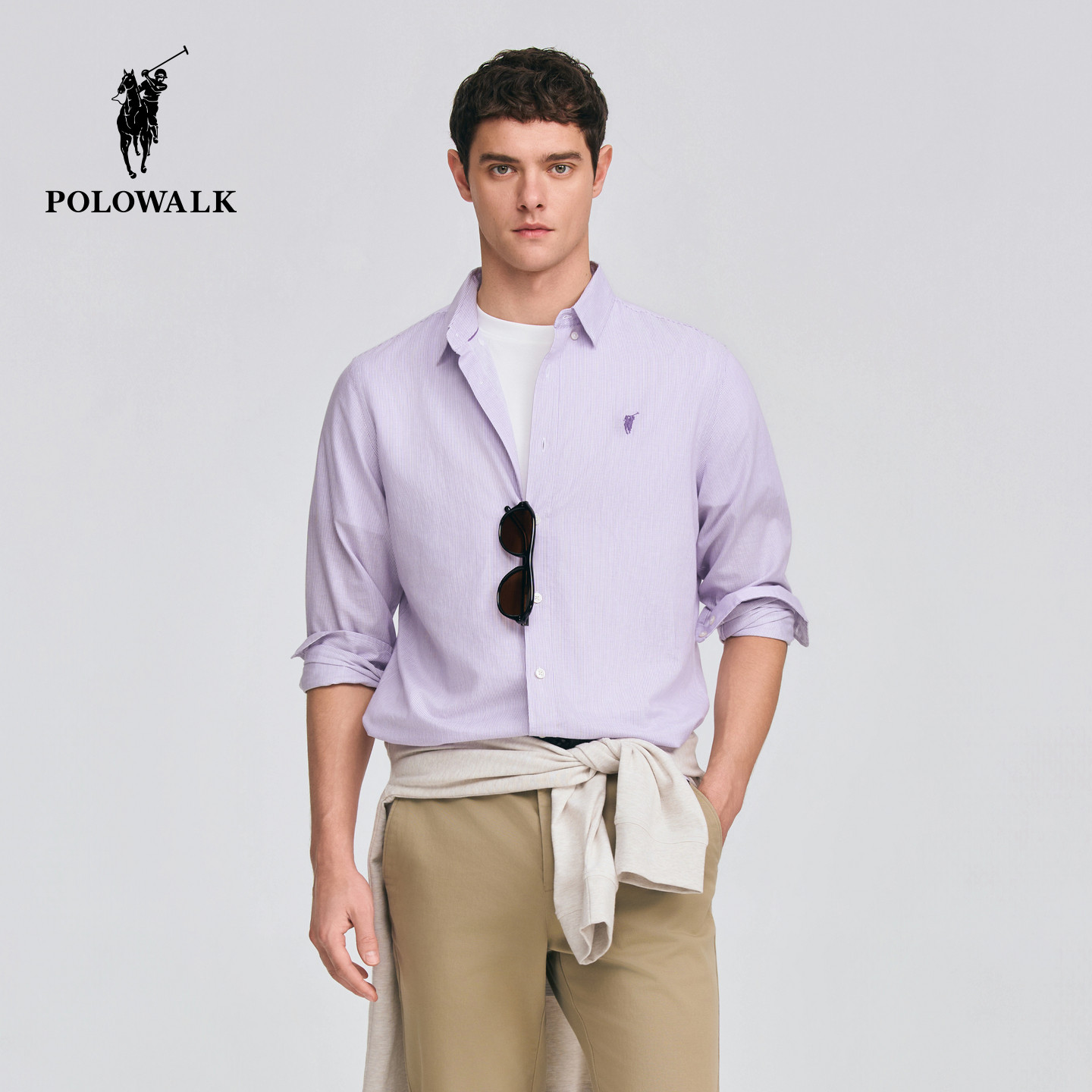 POLOWALK男式长袖衬衫2026春季新品亚麻混纺纽扣领细条纹通勤衬衫