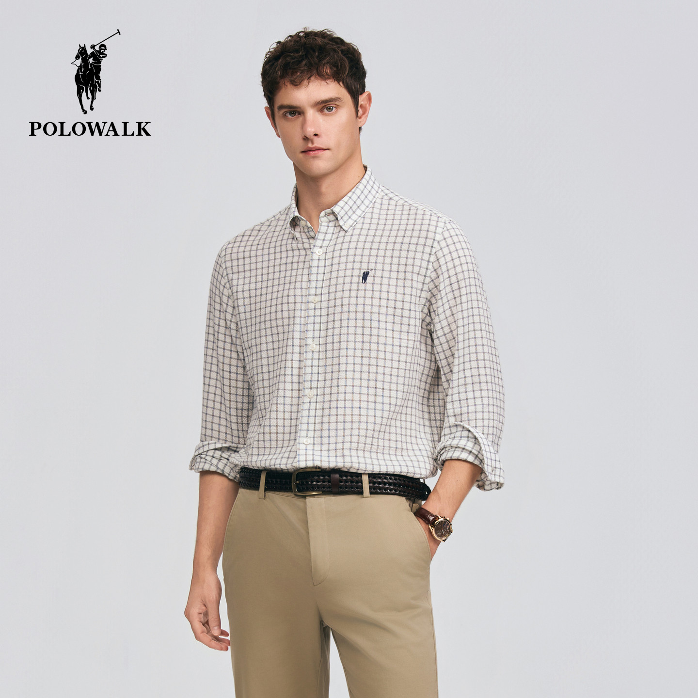 POLOWALK男士2026春季新品男装翻领格纹印花商务休闲长袖衬衫上衣,男装,衬衫,淘宝优惠券,粉丝福利购,淘宝优惠卷