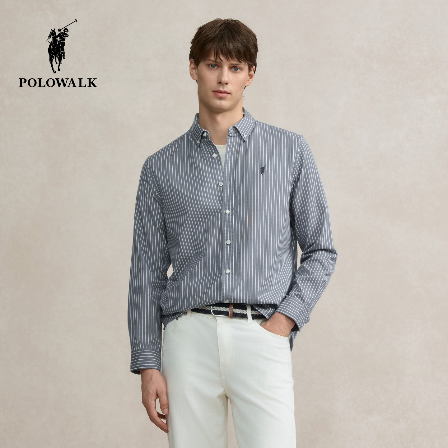 POLOWALK男式长袖衬衫2025秋冬新品日常休闲条纹翻领衬衣