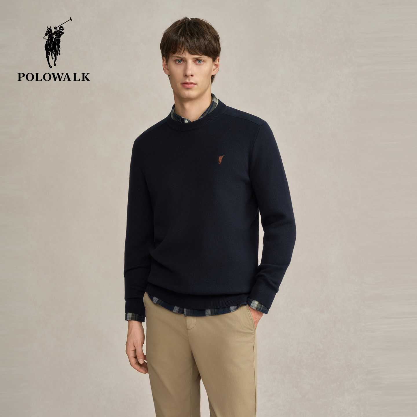 POLOWALK男式针织衫2025秋冬新品简约百搭纯色圆领套头打