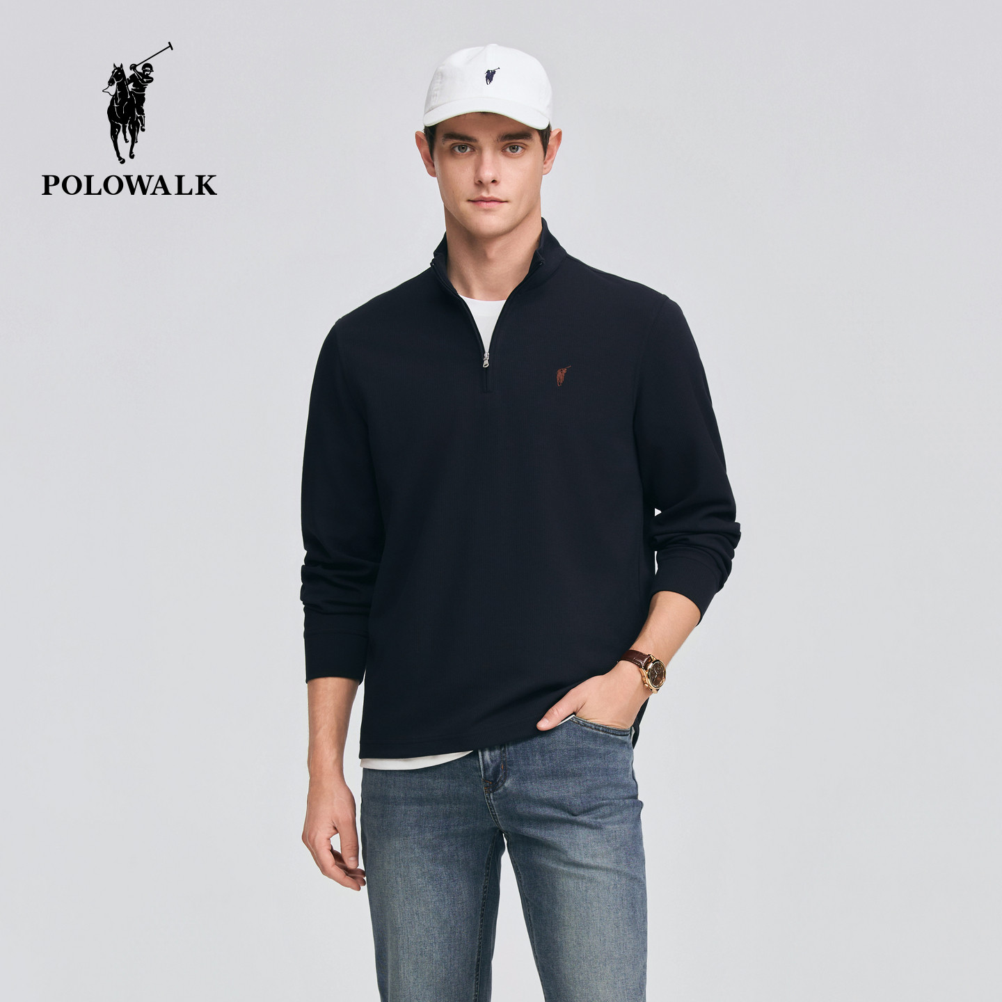 POLOWALK男式长袖T恤2026春季新品立领半拉链简约百搭长