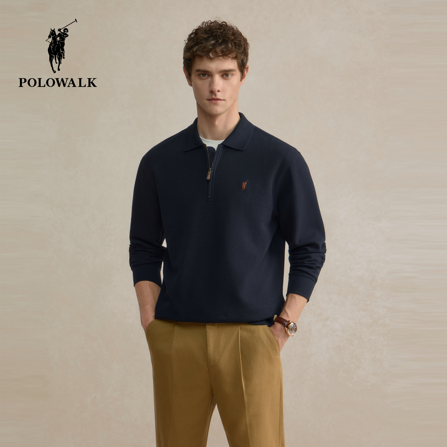 POLOWALK男式卫衣2025秋季新品翻领华夫格半拉链保罗休闲上衣外套