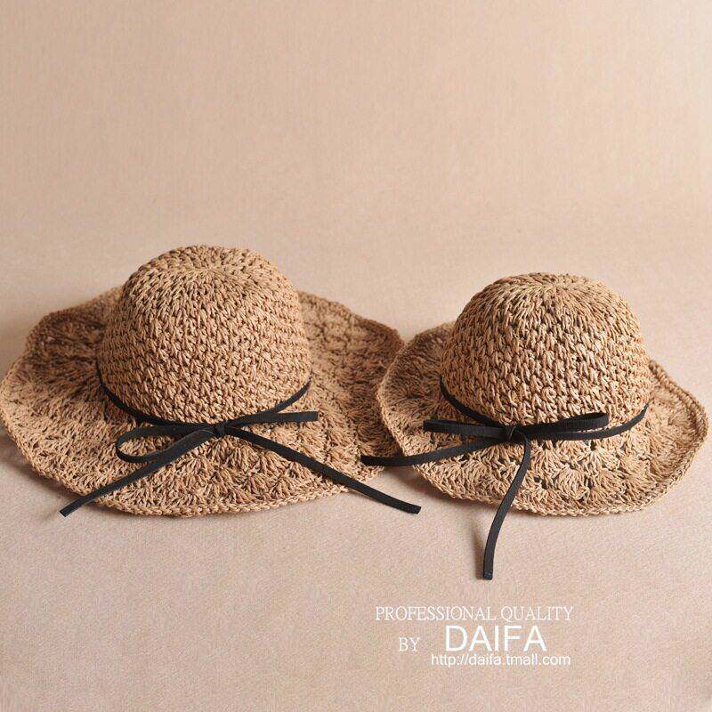 亲子草帽母女夏天大檐遮阳帽沙滩帽防晒可折叠度假帽儿童帽子