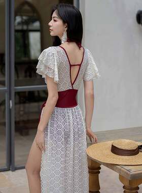 汐歌儿时尚拼色泳衣女新款连体比基尼两件套小胸聚拢温泉游泳衣女