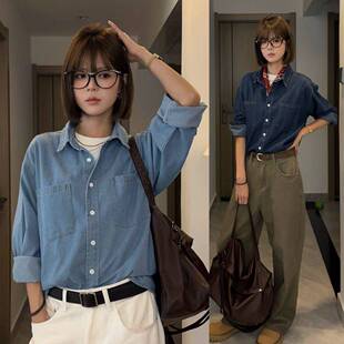 直播专属韩系牛仔衬衫男士高级感休闲外套复古水洗深蓝色长袖衬衣