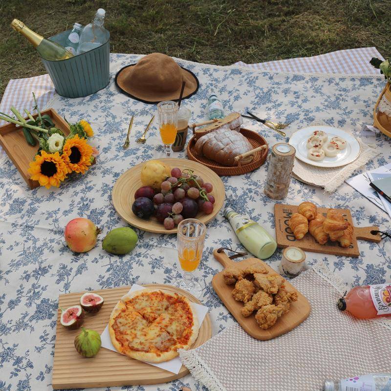 复古韩国ins风蓝色碎花野餐布背景布 春季露营户外郊游防潮野餐垫