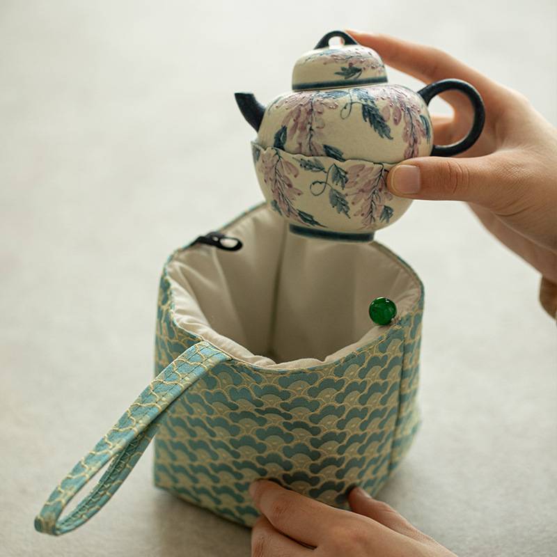 纯手绘旅行茶具粉引釉下彩紫藤茶壶茶杯便携布包收纳户外功夫茶具
