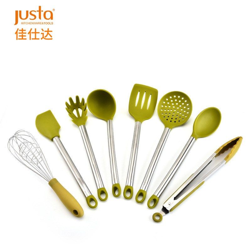 新款烹饪厨房用具耐高温不锈钢柄硅胶厨具锅铲漏勺8件套厨具套装