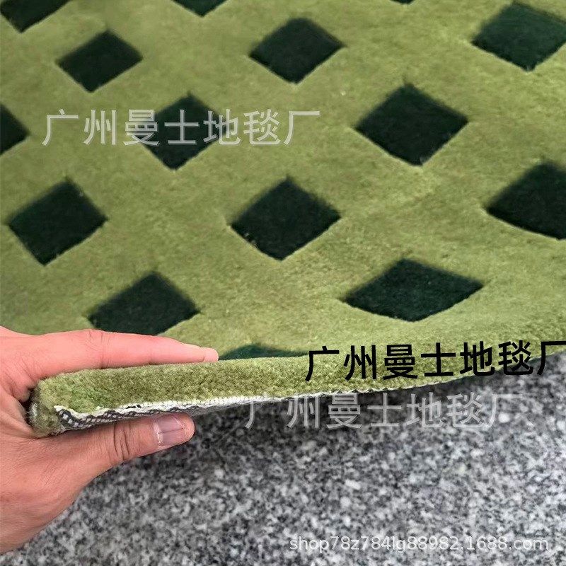 现代中古手工地毯客厅复古绿色格子极简轻奢高端卧室书房加厚地垫