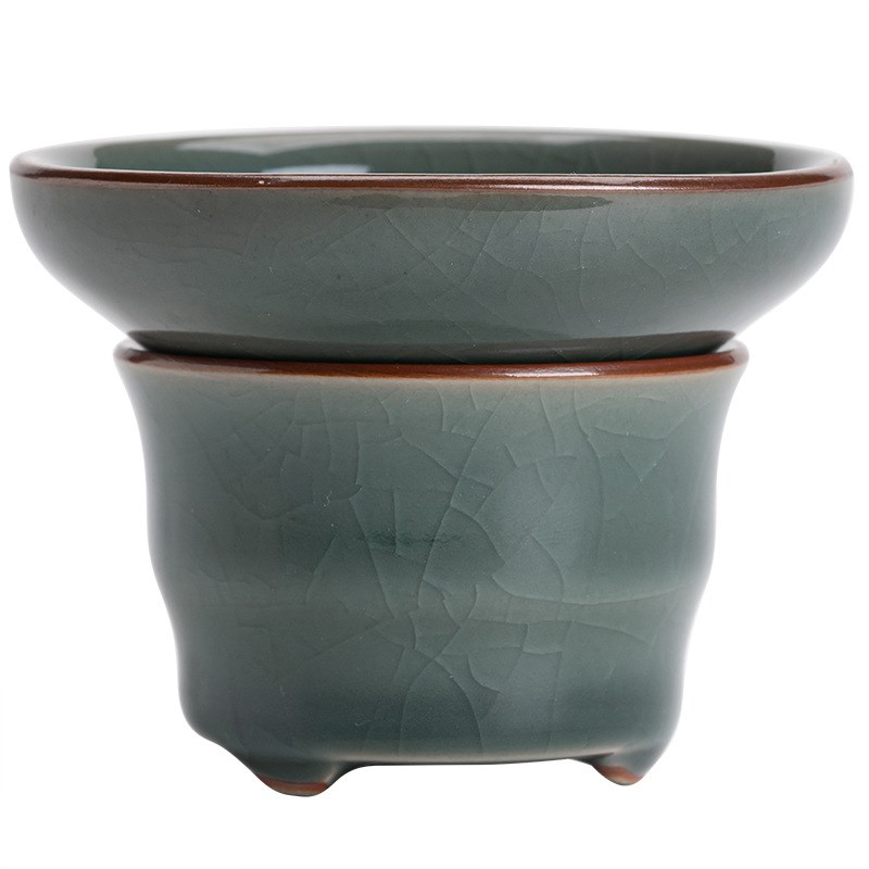 哥窑茶漏茶滤一体泡茶分离器茶隔过滤网超密冰裂纹陶瓷茶具零配件