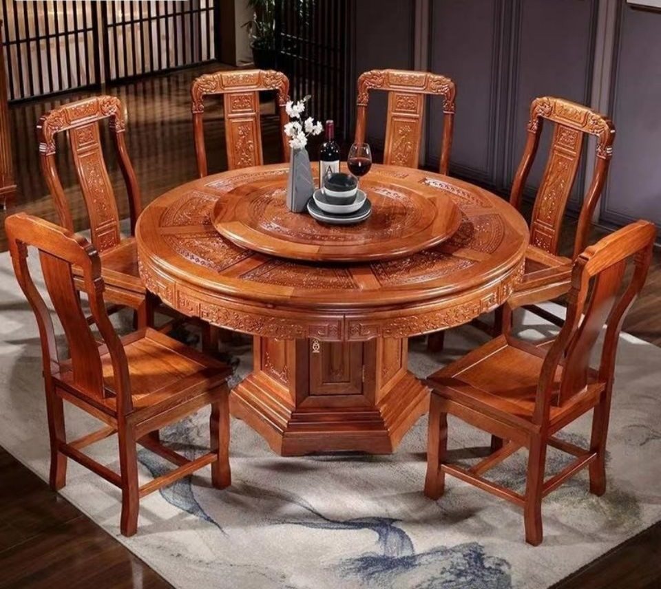 红木餐桌b椅组合花梨木大圆桌中式家用饭桌子圆形雕花餐桌