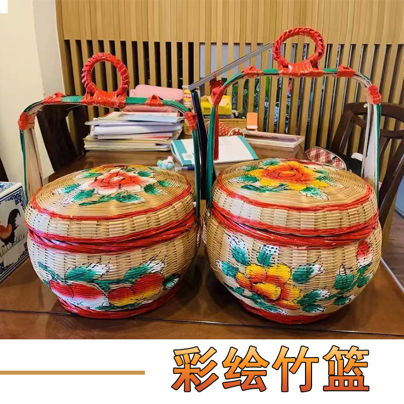 潮汕纯手工彩绘竹篮竹编篮u子结收纳蓝储物篮婚嫁花篮传统竹艺摆