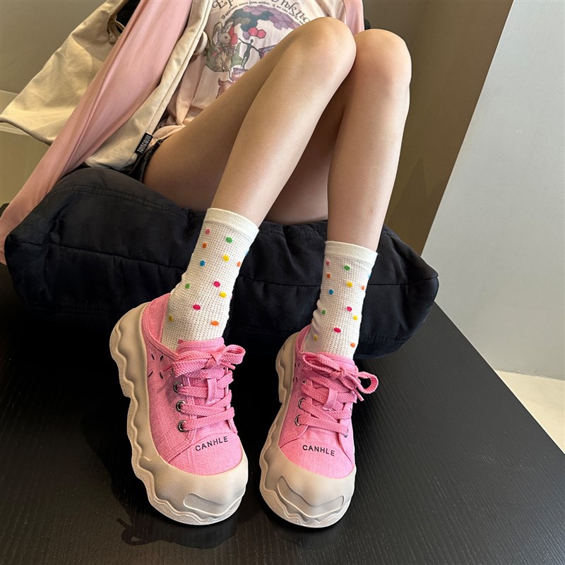 品质潮货+2025l东大门小众辣妹ins厚底大头丑萌笑脸鞋帆布鞋女板