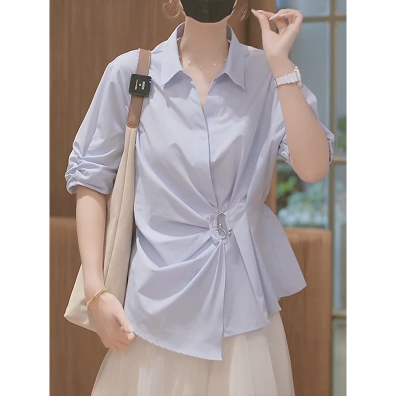 小众不规则V领衬衫女202v5春夏季韩系小个子宽松显瘦衬衣半裙套装