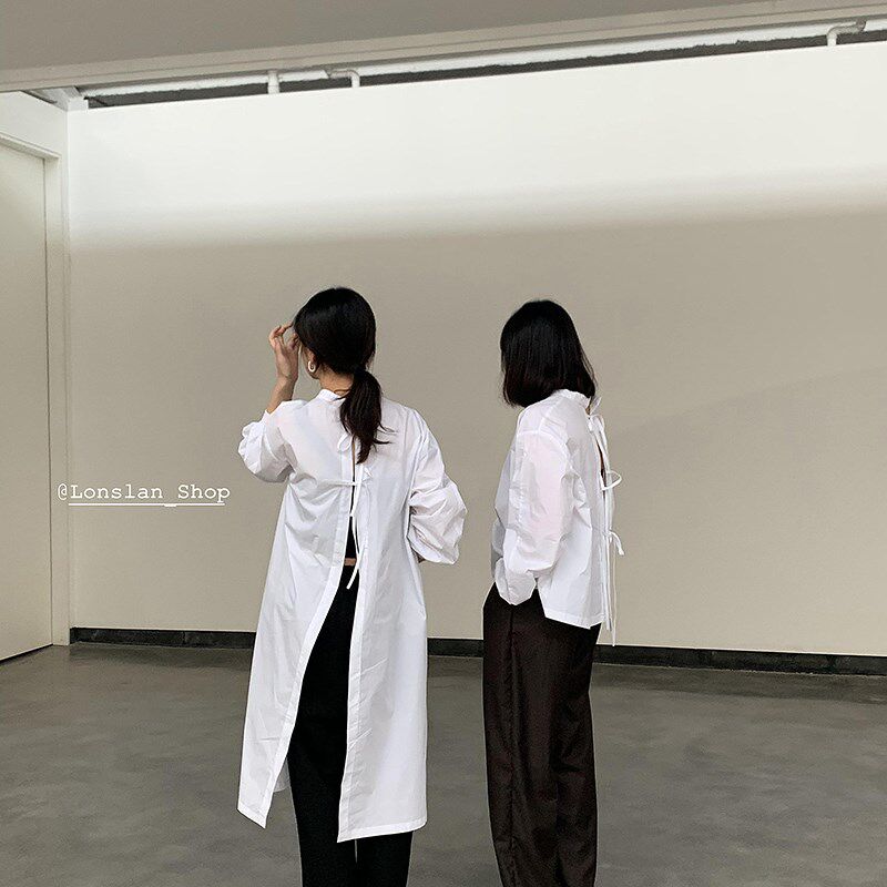 BF慵懒风前后两穿绑带白色衬衫女港风设计感O小众衬衣宽松叠穿大