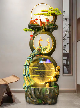 中式葫芦假山流水喷泉孔雀落w地摆件客厅玄关办公加湿装饰景观摆