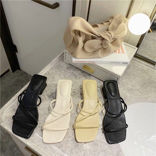 凉鞋 新款 百搭方头中跟粗跟高跟鞋 露X趾简约凉拖 女仙女风2021夏季