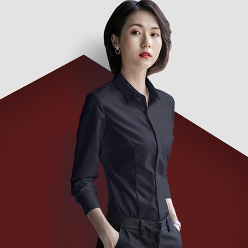 高级黑色弹e力工装衬衫女长袖春秋装显瘦职业装气质打底正装棉衬