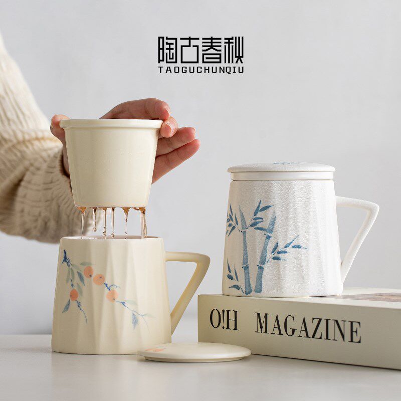 简约陶瓷手绘f泡茶杯茶水分离带盖过滤杯子个人专用办公杯礼品定