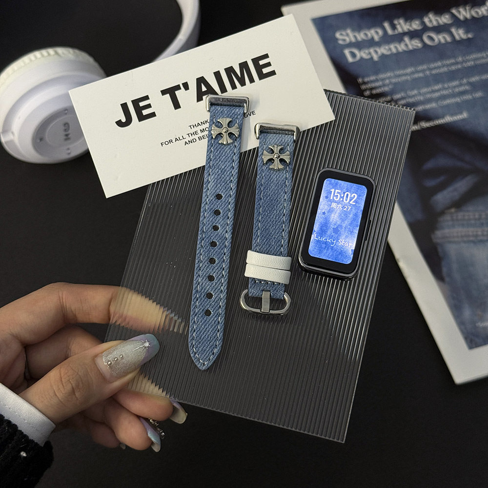 适用华为手环10表带8/9代十字架扎染牛仔智能手环nfc运动腕带女款