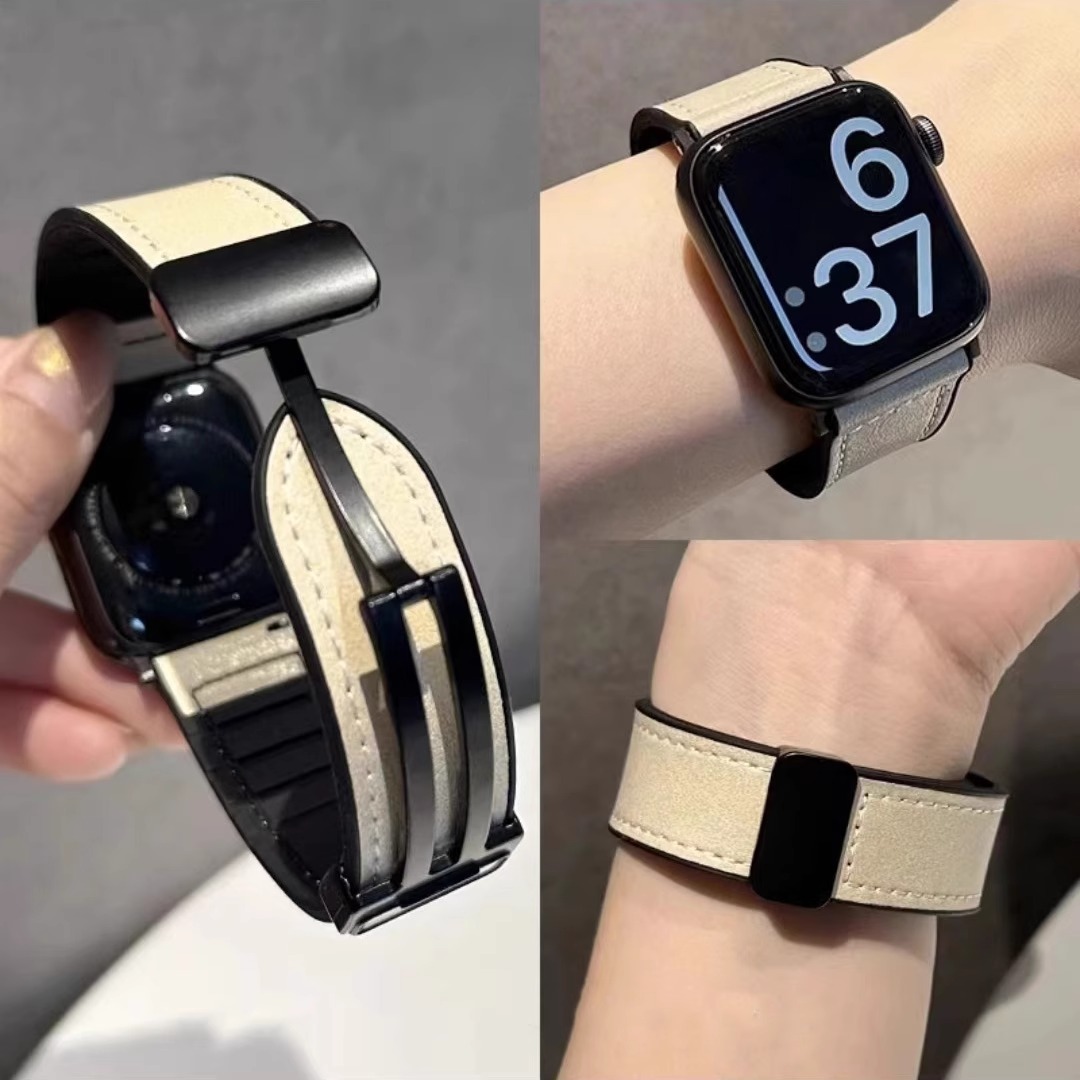 适用苹果手表表带疯马纹贴皮磁吸